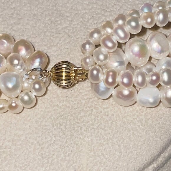 14k Multi Strand Genuine Freshwater Pearl Necklace 16-18" Vintage Showcase Piece - Picture 10 of 11